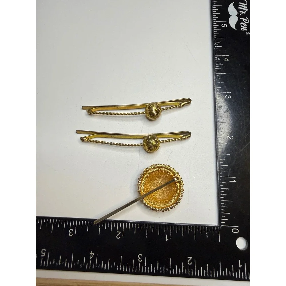 Gold Tone Textured Bobby Pin Hair Clip Set 3pc Round Bead Detail Metallic Finish